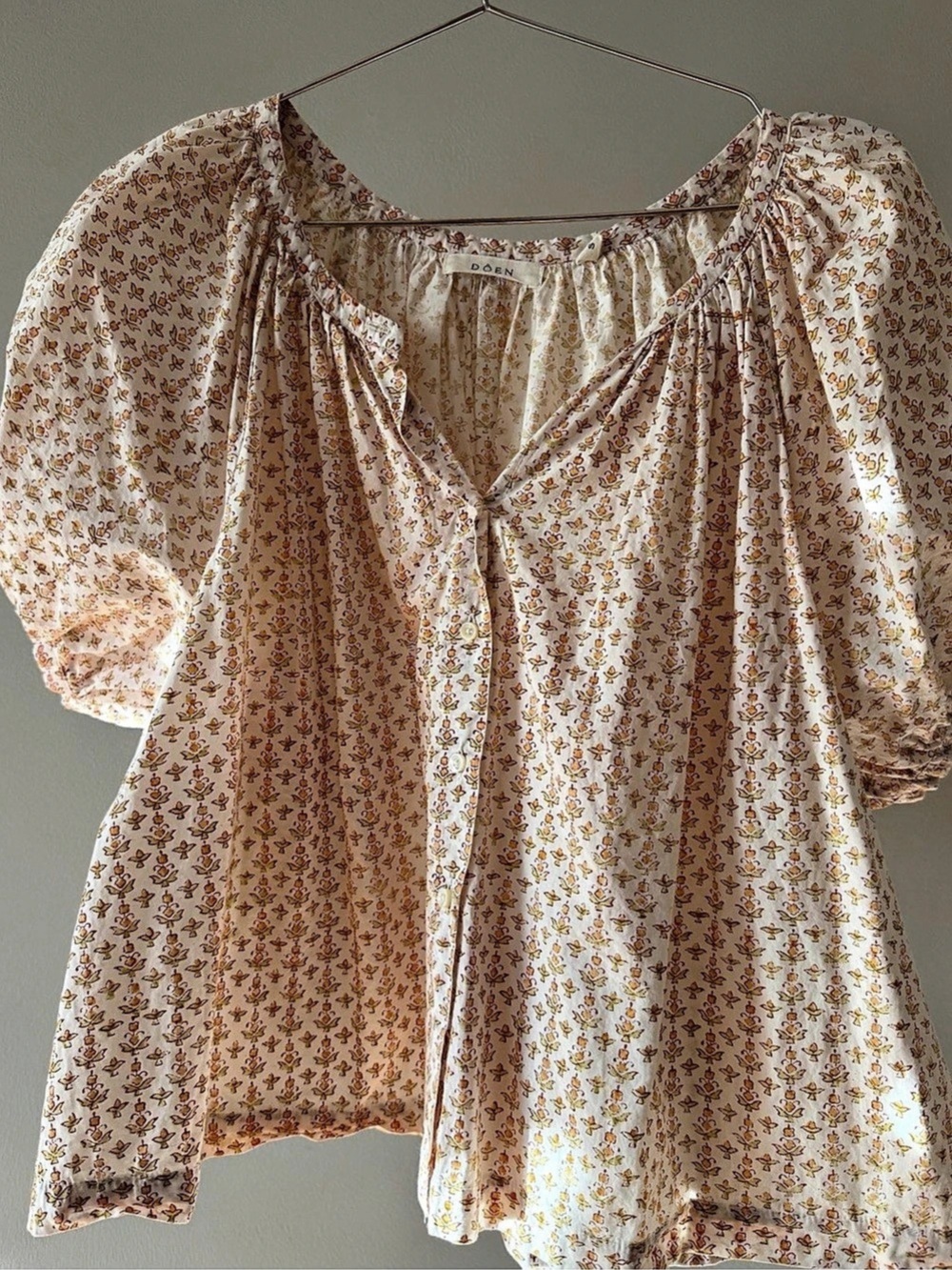 Doen June Top Floral Block Print Puff Sleeve Button Front Blouse Women's S